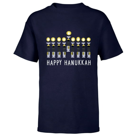 Star Wars Happy Hanukkah Luke Skywalker Lightsaber Menorah - Short Sleeve T-Shirt for Kids - Customized-Navy
