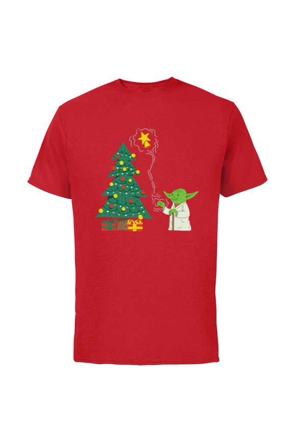 Holiday Yoda Decorates Christmas Tree - Short Sleeve Cotton T-Shirt for Adults -Customized-Red