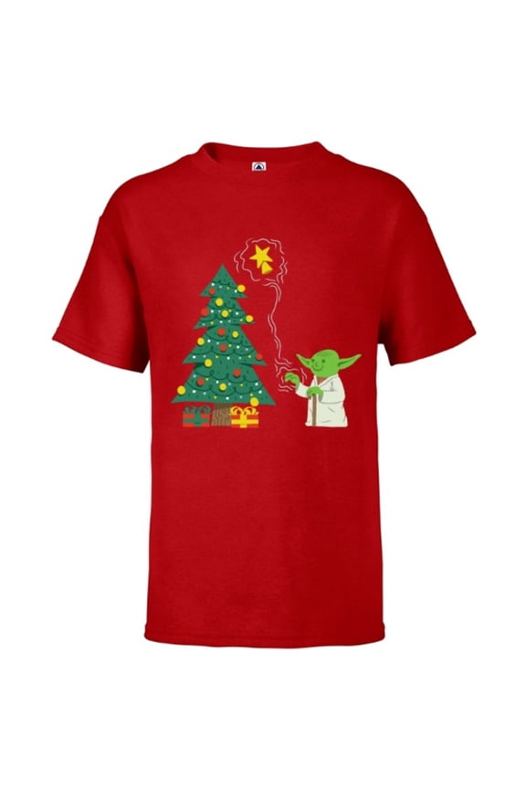 Holiday Yoda Decorates Christmas Tree - Short Sleeve T-Shirt for Kids -Customized-Red