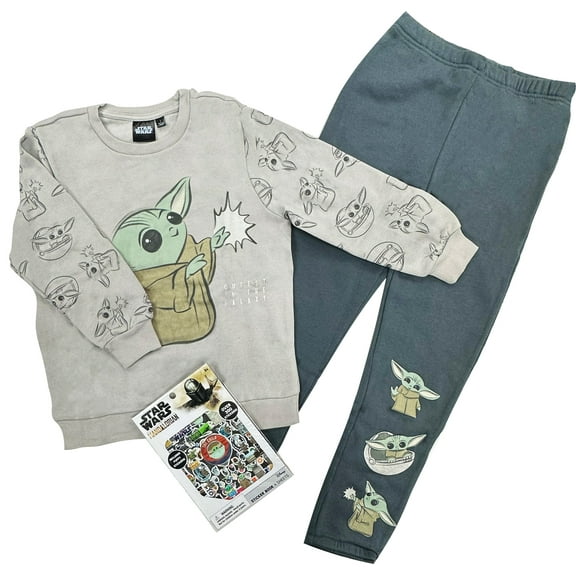 Star Wars Little Kids Soft Fleece Lounge Set & Daily Outfit – Cozy Warm Long Sleeve Sweatshirt, Jogger Pants & Sticker Set - Large, size 7 Grey