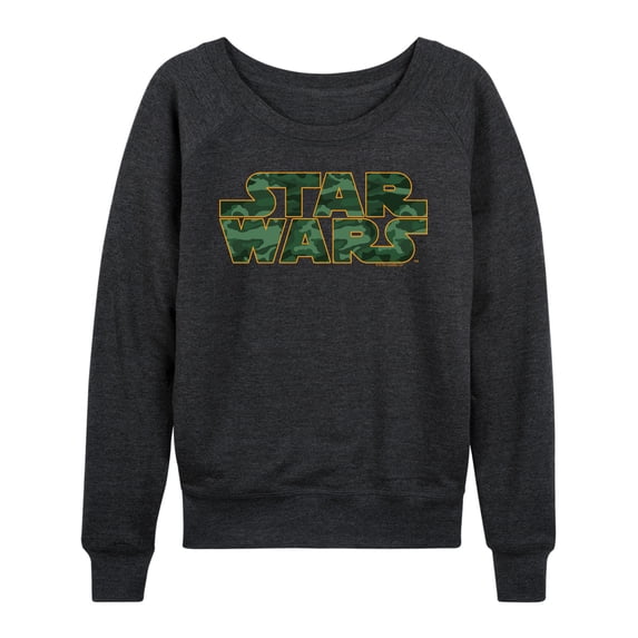 Star Wars - Logo Camo Women's Lightweight French Terry Wide Neck Long Sleeve Graphic Shirt