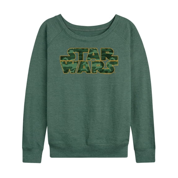 Star Wars - Logo Camo Women's Lightweight French Terry Wide Neck Long Sleeve Graphic Shirt