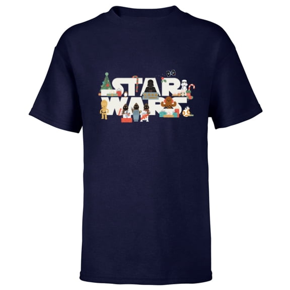Star Wars Logo with Vader Funny Holiday Characters Christmas - Short Sleeve T-Shirt for Kids - Customized-Navy