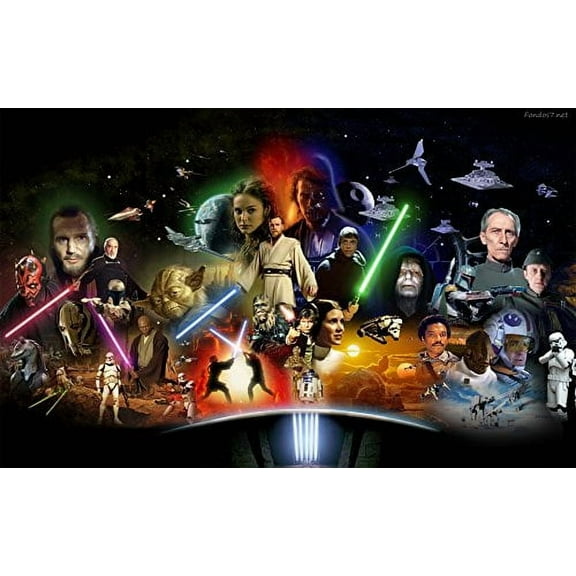 Star Wars Luke Skywalker Chewbaca Princess Leia Darth Vader Light Sabers Yoda Spaceships R2D2 C3PO Edible Cake Topper Image