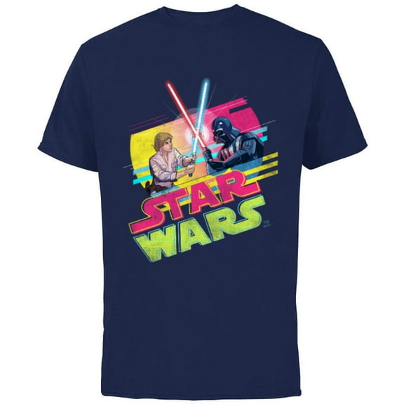 Star Wars Luke Skywalker vs Darth Vader Duel Retro 1980 Vibe - Short Sleeve Cotton T-Shirt for Adults - Customized-Navy