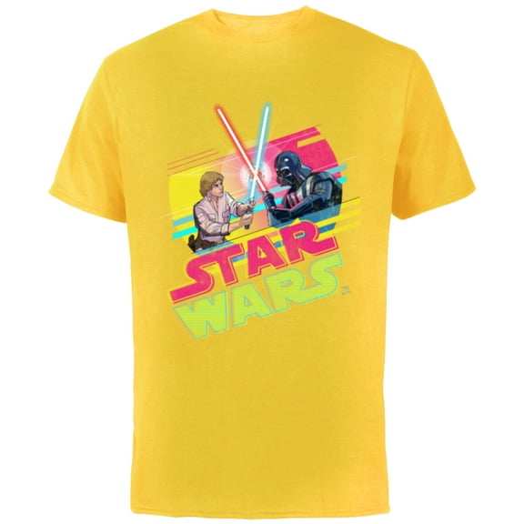 Star Wars Luke Skywalker vs Darth Vader Duel Retro 1980 Vibe - Short Sleeve Cotton T-Shirt for Adults - Customized-Yellow