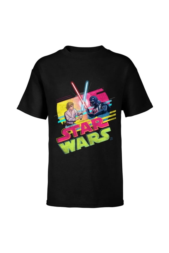 Luke Skywalker vs Darth Vader Duel Retro 1980 Vibe - Short Sleeve T-Shirt for Kids - Customized-Black