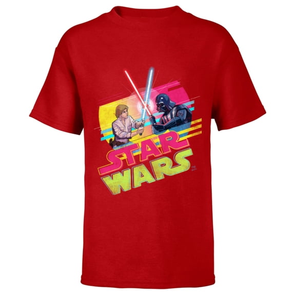 Star Wars Luke Skywalker vs Darth Vader Duel Retro 1980 Vibe - Short Sleeve T-Shirt for Kids - Customized-Red