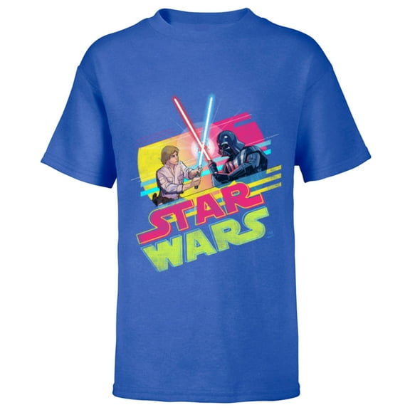Star Wars Luke Skywalker vs Darth Vader Duel Retro 1980 Vibe - Short Sleeve T-Shirt for Kids - Customized-Royal