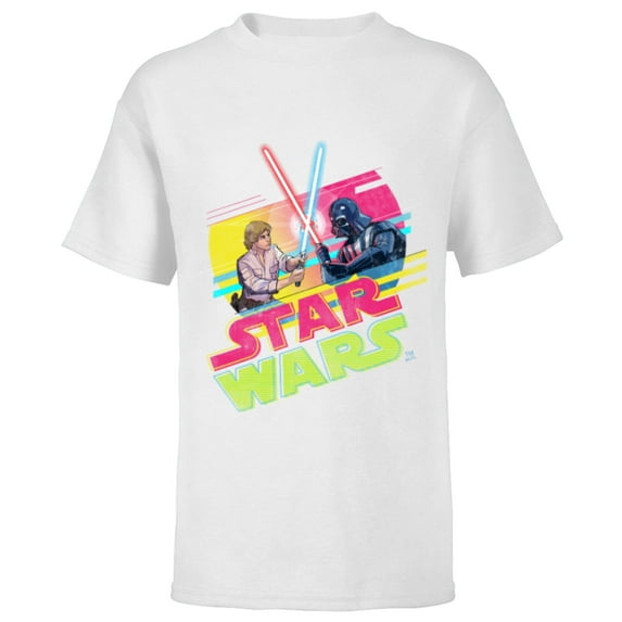 Star Wars Luke Skywalker vs Darth Vader Duel Retro 1980 Vibe - Short Sleeve T-Shirt for Kids - Customized-White