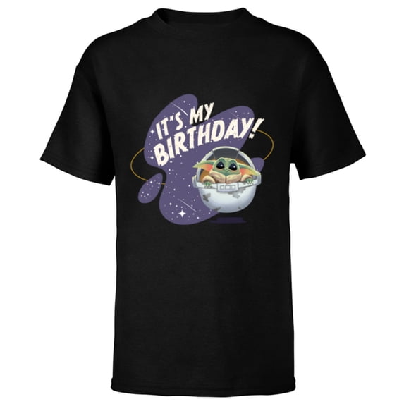 Star Wars Mandalorian Grogu Hover Pram It’s My Birthday! - Short Sleeve T-Shirt for Kids - Customized-Black