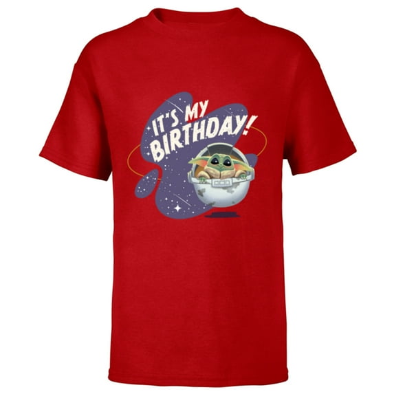 Star Wars Mandalorian Grogu Hover Pram It’s My Birthday! - Short Sleeve T-Shirt for Kids - Customized-Red