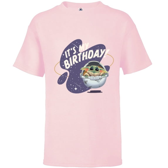 Star Wars Mandalorian Grogu Hover Pram It’s My Birthday! - Short Sleeve T-Shirt for Kids - Customized-Soft Pink