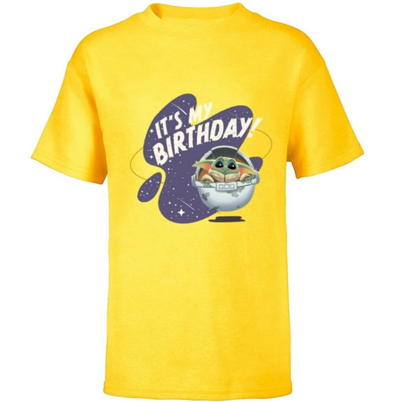 Star Wars Mandalorian Grogu Hover Pram It’s My Birthday! - Short Sleeve T-Shirt for Kids - Customized-Yellow