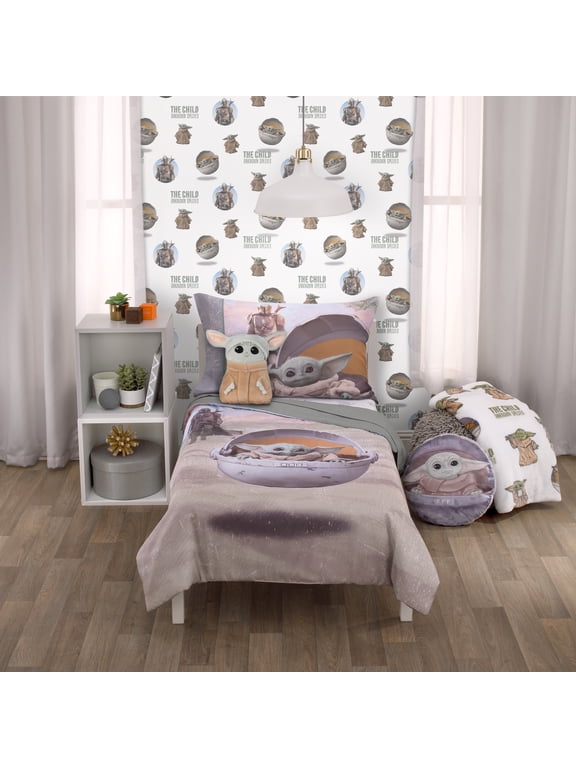 The Mandalorian "The Child" Tan, Green, Gren, 4-Piece Toddler Bedding Set, comforter, fitted sheet, flat sheet, pillowcase, Boy, Toddler Bed Size
