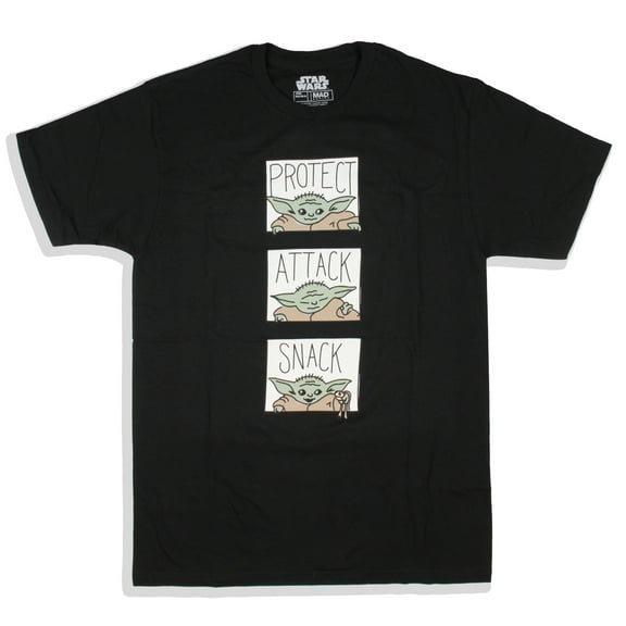 Star Wars Men's The Mandalorian Grogu Protect Attack Snack T-Shirt