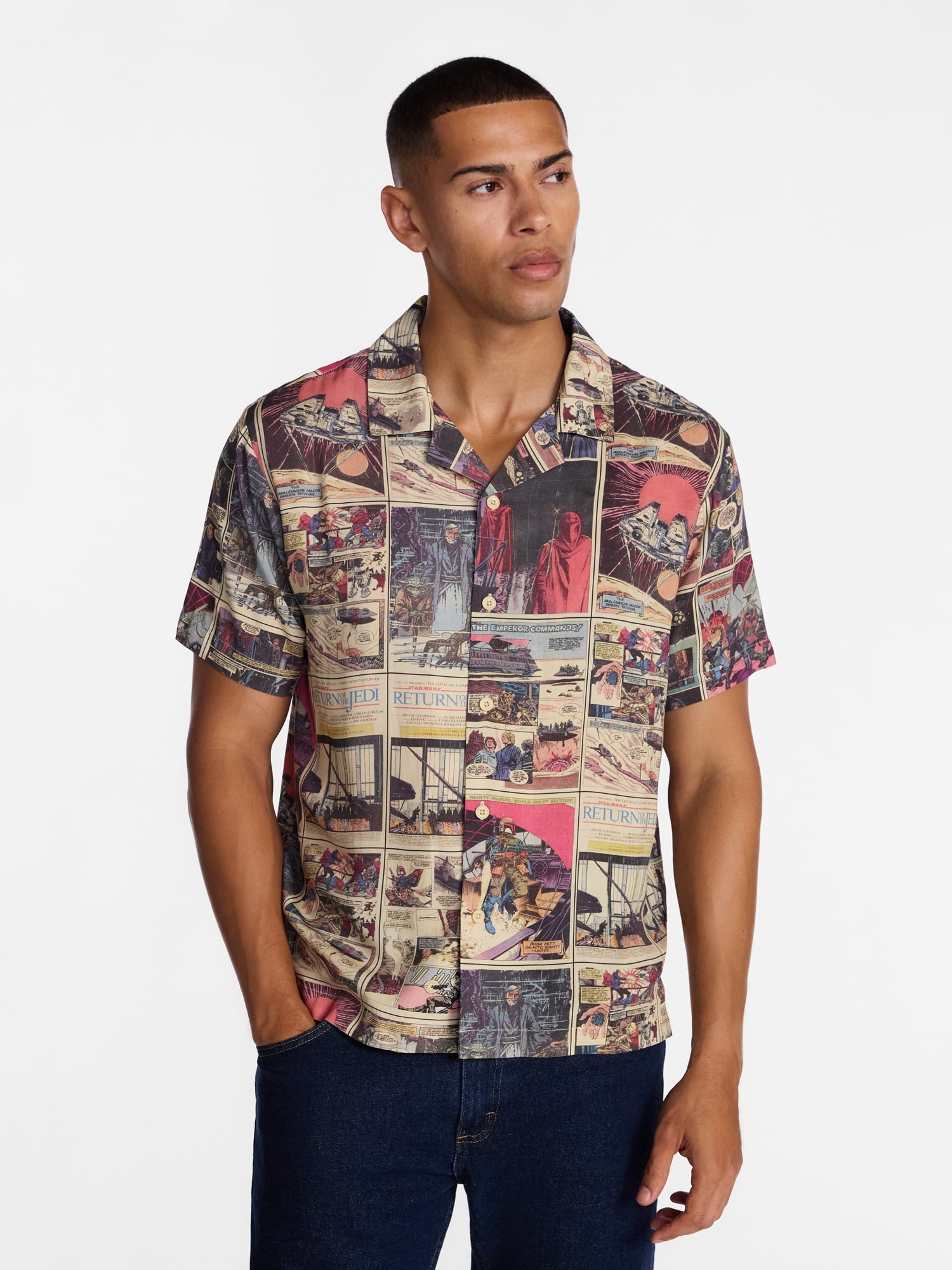 mens star wars dress shirt Star Wars Men's and Big Men's Comic Panels Graphic Button Up Shirt with Short Sleeves, Sizes S-4xl, Beige