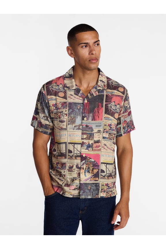 Men's and Big Men's Comic Panels Graphic Button Up Shirt with Short Sleeves, Sizes S-4XL