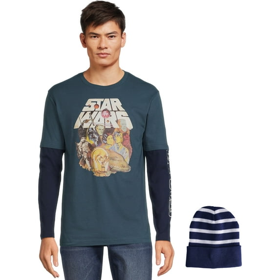 Star Wars Men's and Big Men's Long Sleeve Graphic T-Shirt and Beanie Hat Gift Set, Sizes S-3XL
