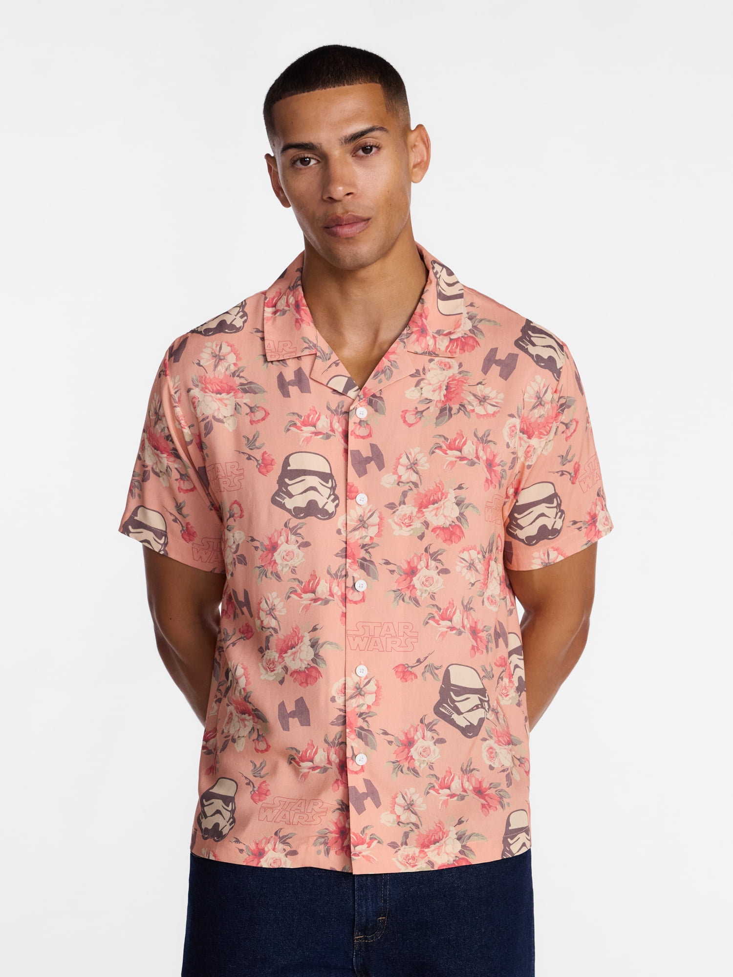 Star Wars Men's and Big Men's Space Floral Graphic Button Up Shirt with Short Sleeves, Sizes S-4XL