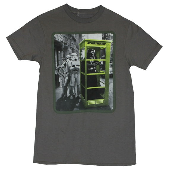 Star Wars Mens T-Shirt - Darth Vader in A Yellow Phone Booth Holding Things Up (Small)