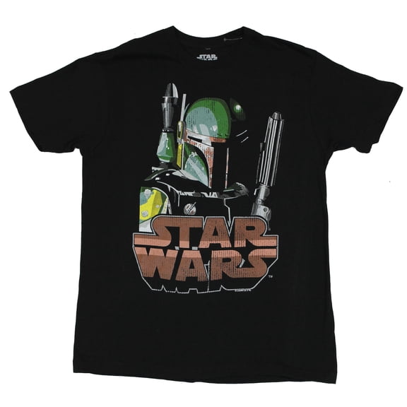 Star Wars Mens T-Shirt -  Giant Boba Fett Head Image Above Word Logo Image (Medium)
