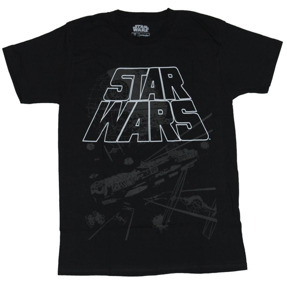 Star Wars Mens T-Shirt - Name Craw Outline Over Grayed Out Ship Battle (Small)