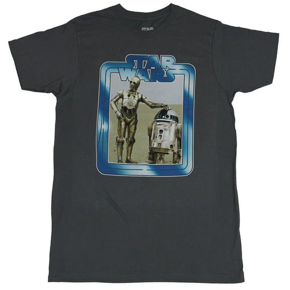 Star Wars Mens T-Shirt - Shimmering Blue Logo Around C3po & R2-D2 (Large)