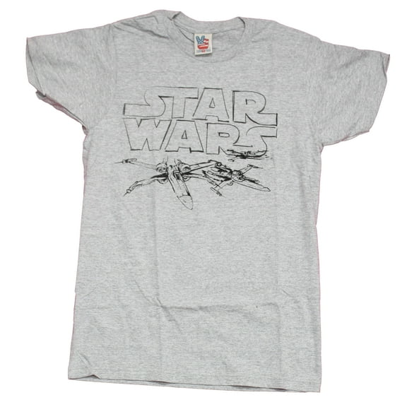 Star Wars Mens T-Shirt - X-wing Sketch Flying Under Logo (Medium)