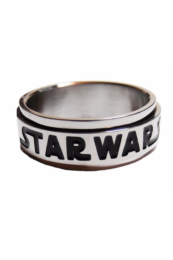Star Wars Name Black Logo on a Stainless Steel Band Ring Size 10