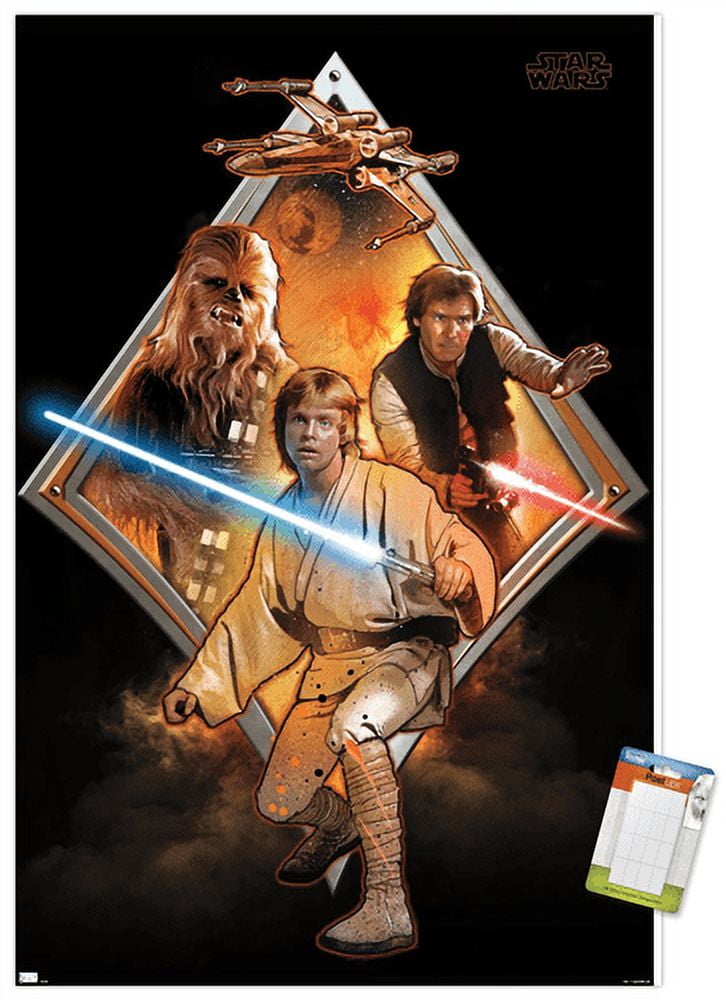 Star Wars: Original Trilogy - Heroes Badge Wall Poster with Wooden