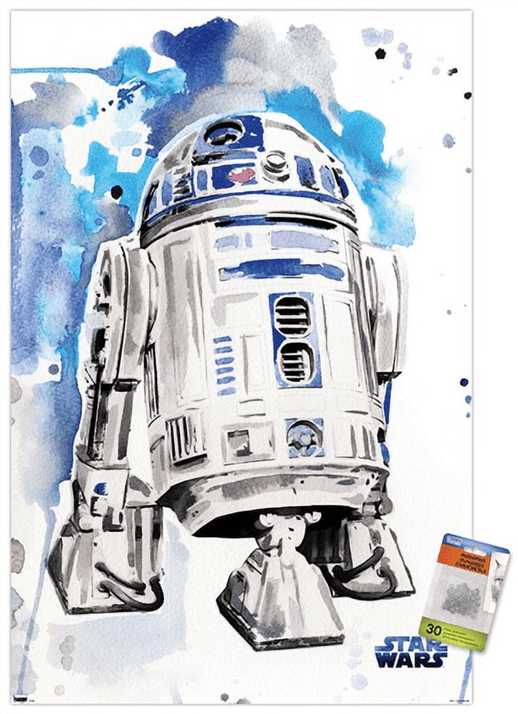Star Wars R2D2 Watercolor Poster with Pushpins, 22.375" x 34"