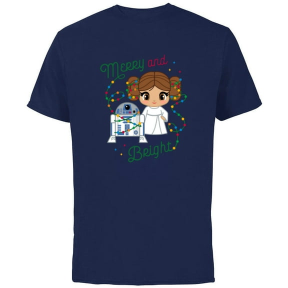 Star Wars Princess Leia R2-D2 Cute Christmas Merry & Bright - Short Sleeve Cotton T-Shirt for Adults - Customized-Navy