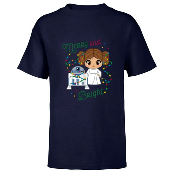 Star Wars Princess Leia R2-D2 Cute Christmas Merry & Bright - Short Sleeve T-Shirt for Kids - Customized-Navy