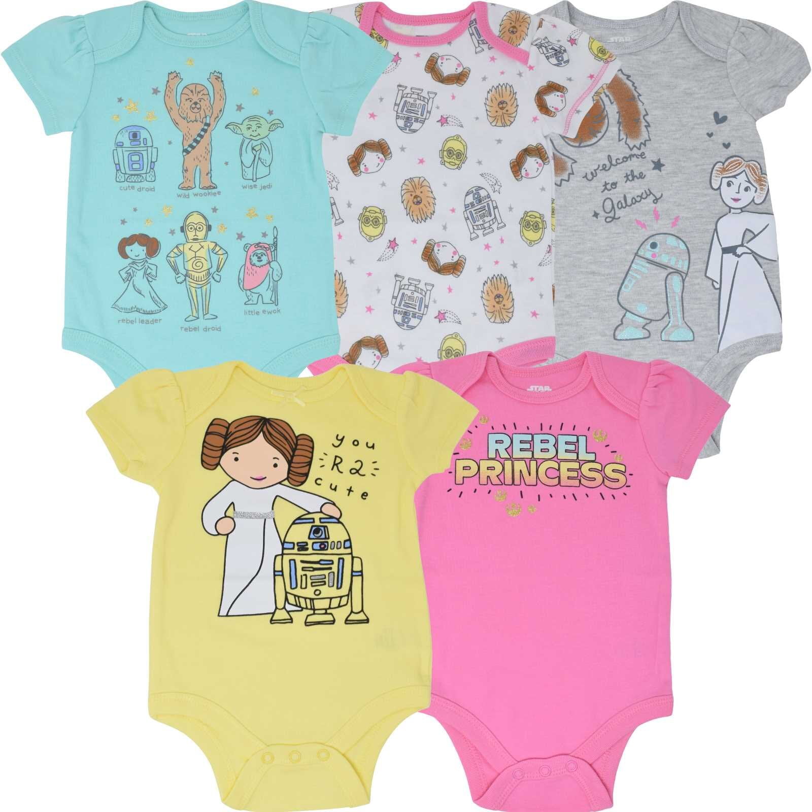 Star Wars R2-D2 Chewbacca Princess Leia Infant Baby Girls 5 Pack Bodysuits Newborn to Infant