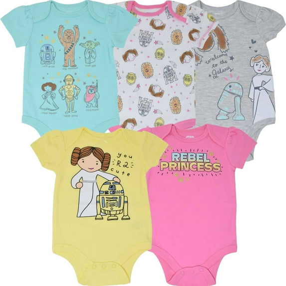 Star Wars R2-D2 Chewbacca Princess Leia Newborn Baby Girls 5 Pack Bodysuits Newborn to Infant