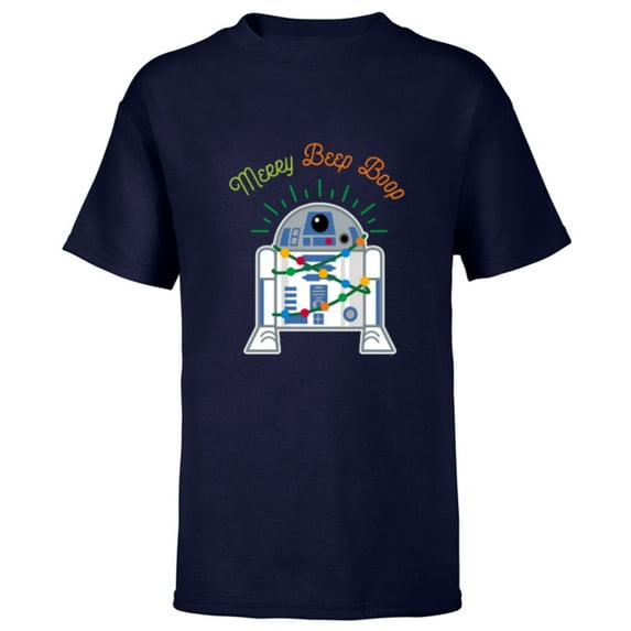 Star Wars R2-D2 Droid Cute Christmas Holiday Merry Beep Boop - Short Sleeve T-Shirt for Kids - Customized-Navy