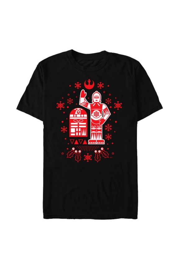R2-D2 and C-3PO Christmas Nordic Print Red - Short Sleeve Blended T-Shirt for Adults - Customized-Black