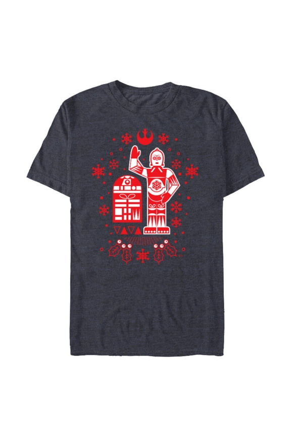 R2-D2 and C-3PO Christmas Nordic Print Red - Short Sleeve Blended T-Shirt for Adults - Customized-Navy Heather
