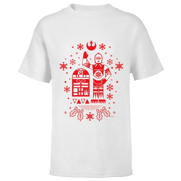 Star Wars R2-D2 and C-3PO Christmas Nordic Print Red - Short Sleeve T-Shirt for Kids - Customized-White