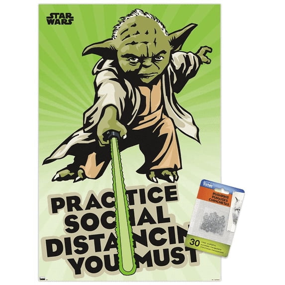Star Wars: Saga - Yoda Social Distancing Wall Poster with Push Pins, 14.725" x 22.375"