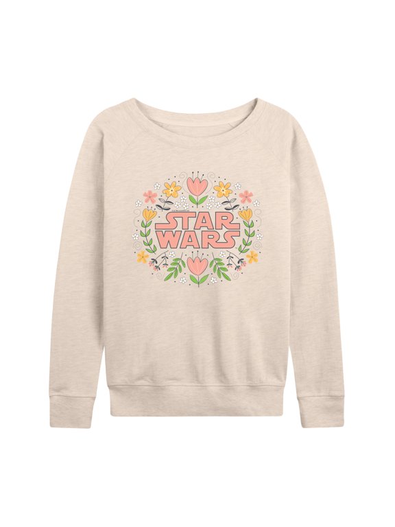 - Spring Floral Logo Women's Lightweight French Terry Wide Neck Long Sleeve Graphic Shirt
