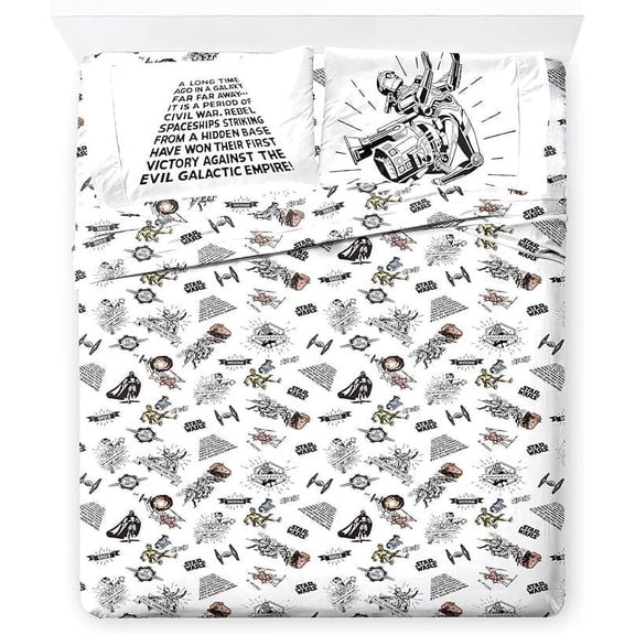 Star Wars T-Shirt Comic 4 Piece Queen Size Bed Sheets Set - Disney Bedding