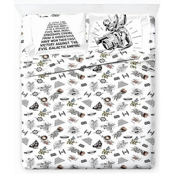 Star Wars T-Shirt Comic 4 Piece Full Size Bed Sheets Set - Disney Space Theme Bedding