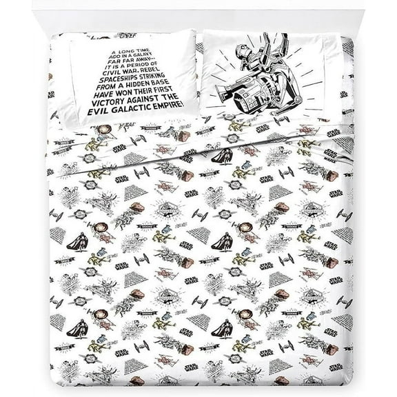 Star Wars T-Shirt Comic 4 Piece Queen Size Bed Sheets Set - Disney Bedding
