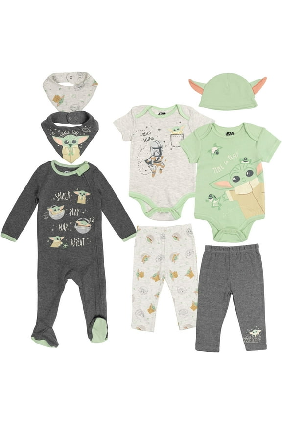 The Child Bodysuits Sleep N' Play Pants Hat and Bibs 8 Piece Outfit Set Newborn to Infant