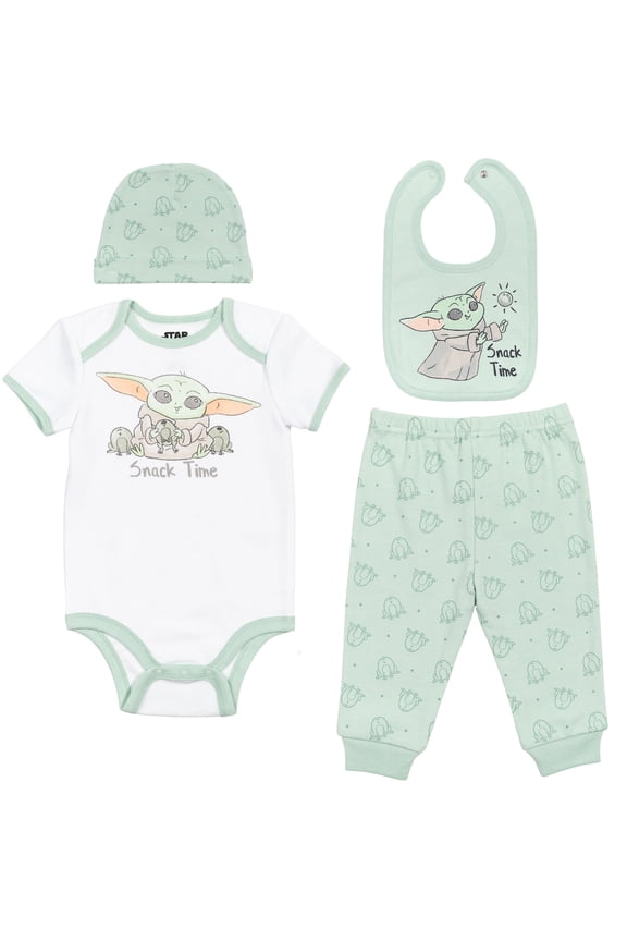 The Child Infant Baby Boys Bodysuit Pants Bib and Hat 4 Piece Outfit Set Newborn to Infant