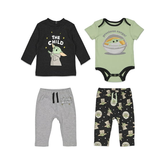Star Wars The Child Infant Baby Boys Cuddly Mix N' Match Short Sleeve Bodysuit Long Graphic T-Shirt and Pants 4 Piece Layette Set 12 Months