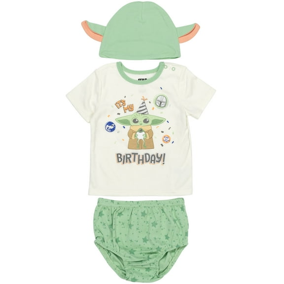 Star Wars The Child Infant Baby Boys Pullover T-Shirt Diaper Cover and Hat 3 Piece Outfit Set Green/White 9 Months