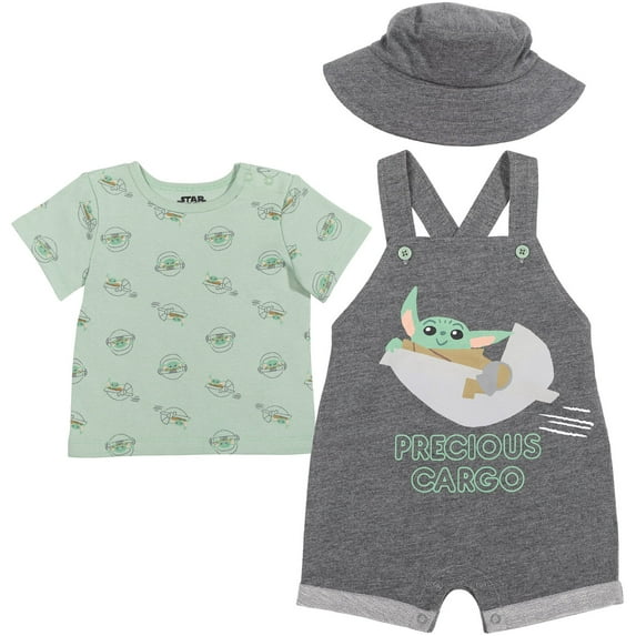 Star Wars The Child Newborn Baby Boys French Terry Short Overalls T-Shirt and Hat 3 Piece Outfit Set Newborn to Infant